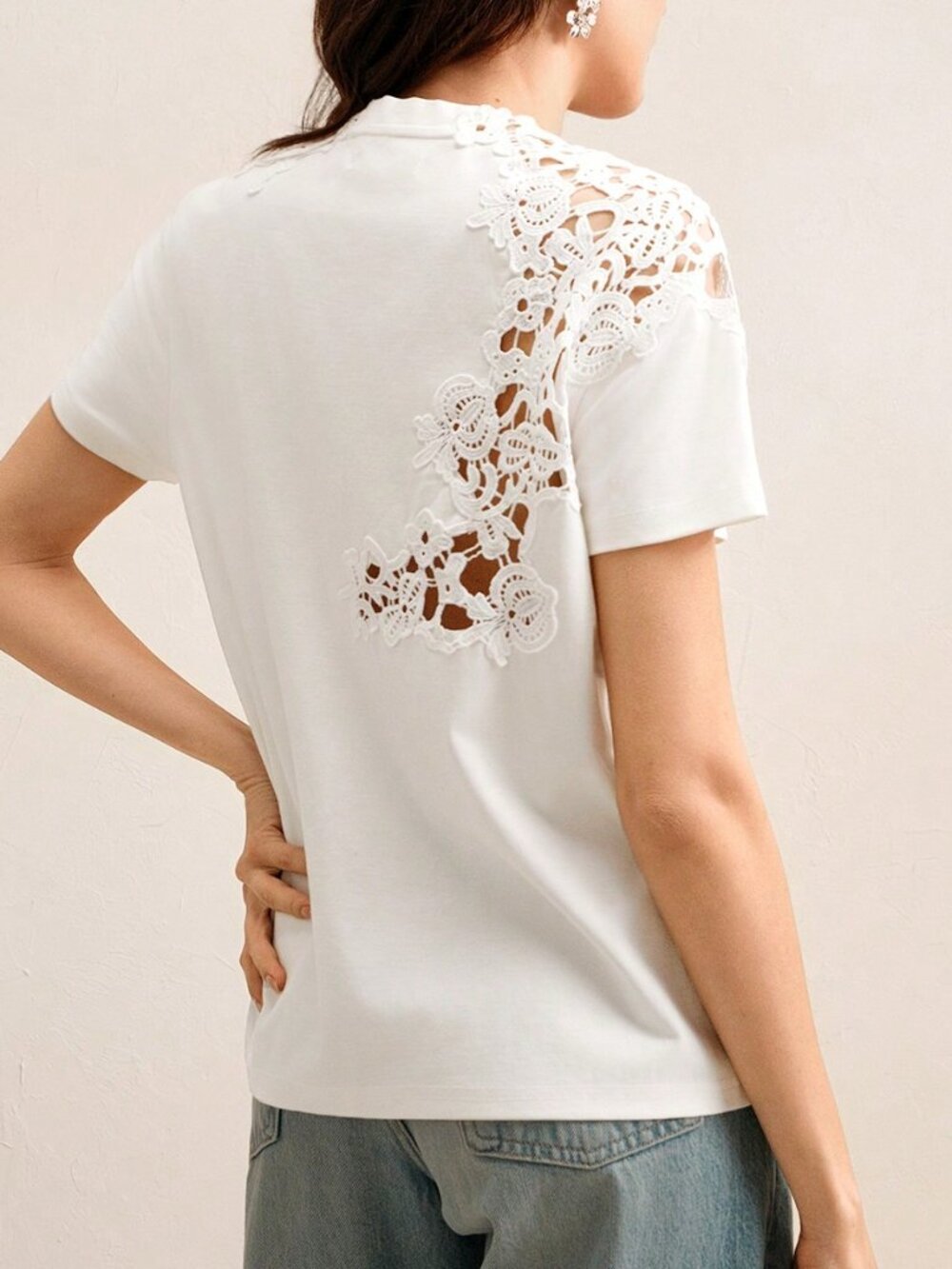 White Casual Women's Crochet Hollow-Out Short Sleeve T-Shirt - Picture 2 of 8